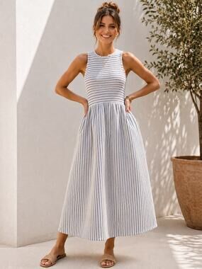 dRA Large Blue White Stripe Rib Knit Midi Dress Pockets Coastal Resort Preppy